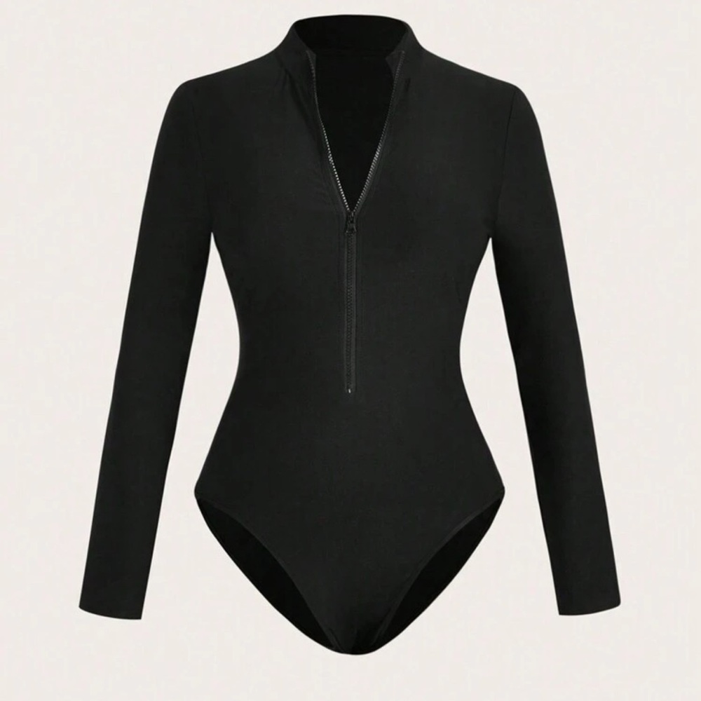 SHEIN Black Long Sleeve Zippered Bodysuit